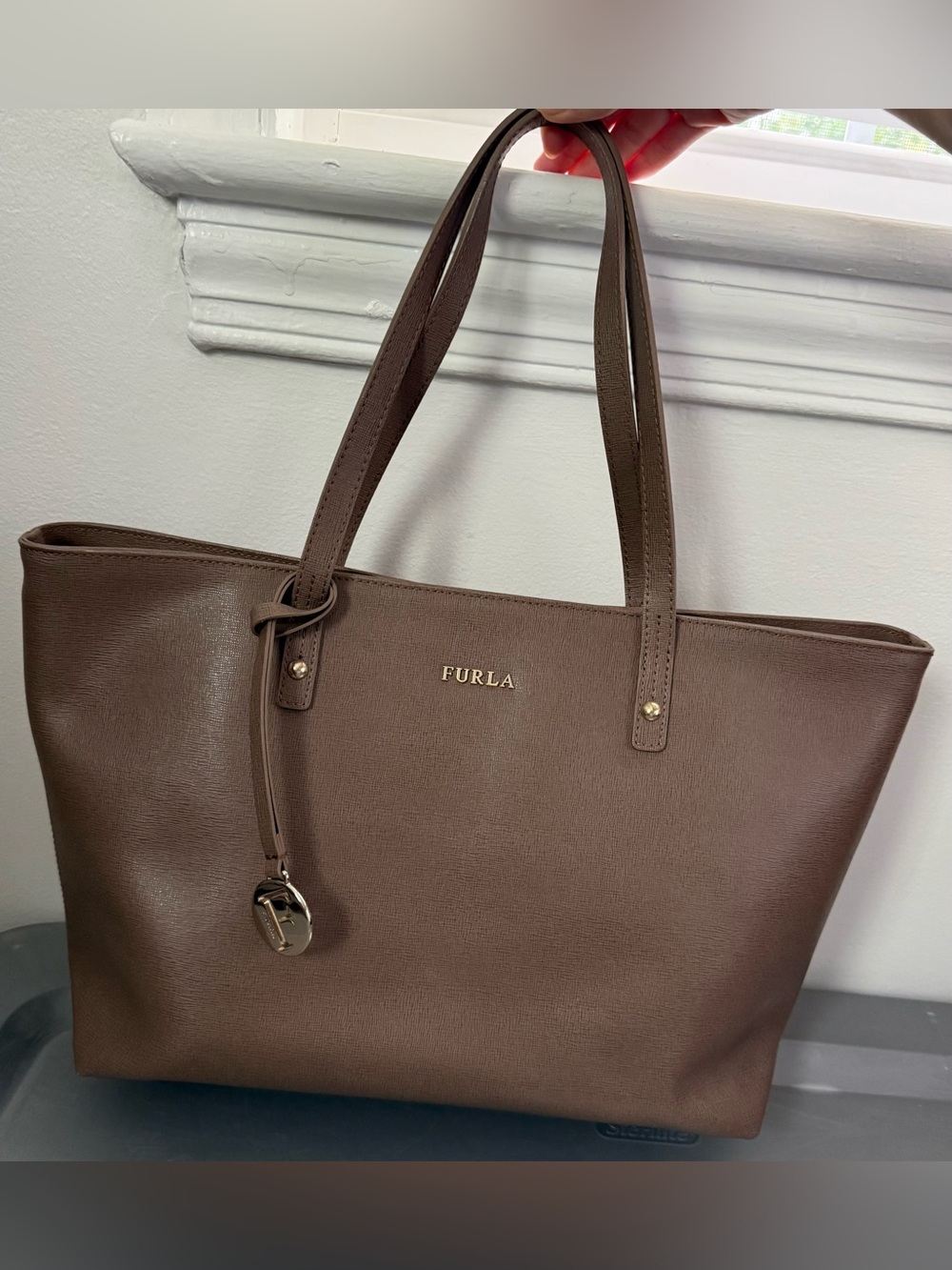 Furla Daino Saffiano Leather Taupe Gray Tote Shoulder Bag Zipper Closure